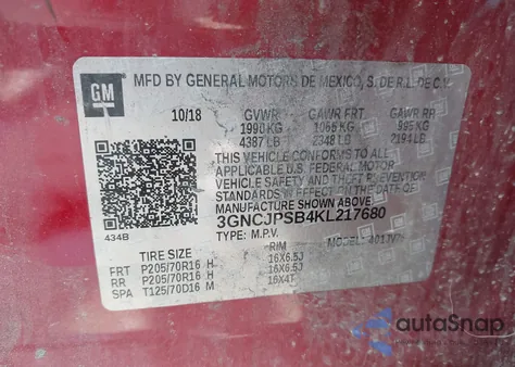 2019 Chevrolet Trax Lt из США, поврежденный, VIN 3GNCJPSB4KL217680